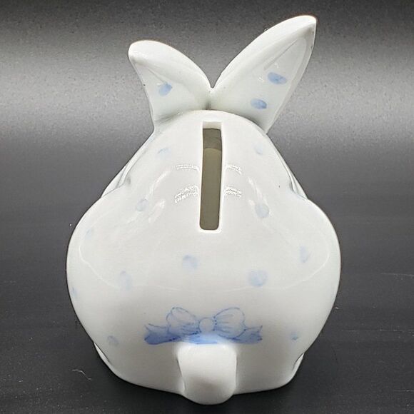 Abbott Collection Small White Porcelain Blue Spotted Rabbit Coin Bank w/Stopper - Picture 7 of 16